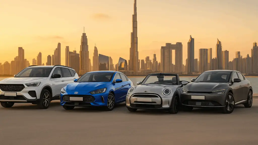 Otto car lineup in front of Dubai skyline representing the best car subscription in Dubai
