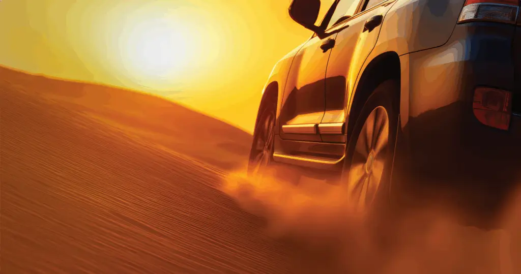 Dubai skyline at golden hour with cars driving along Sheikh Zayed Road in November