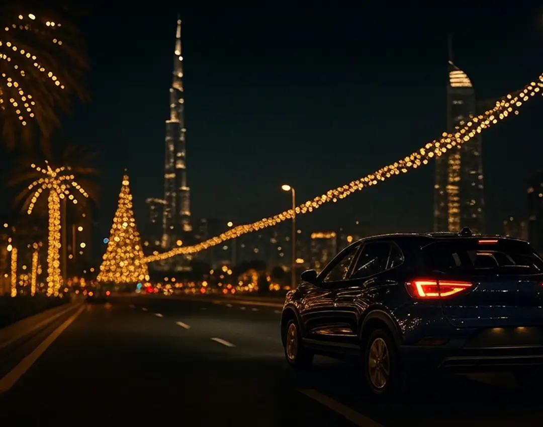 Car driving through Dubai’s festive streets at night
