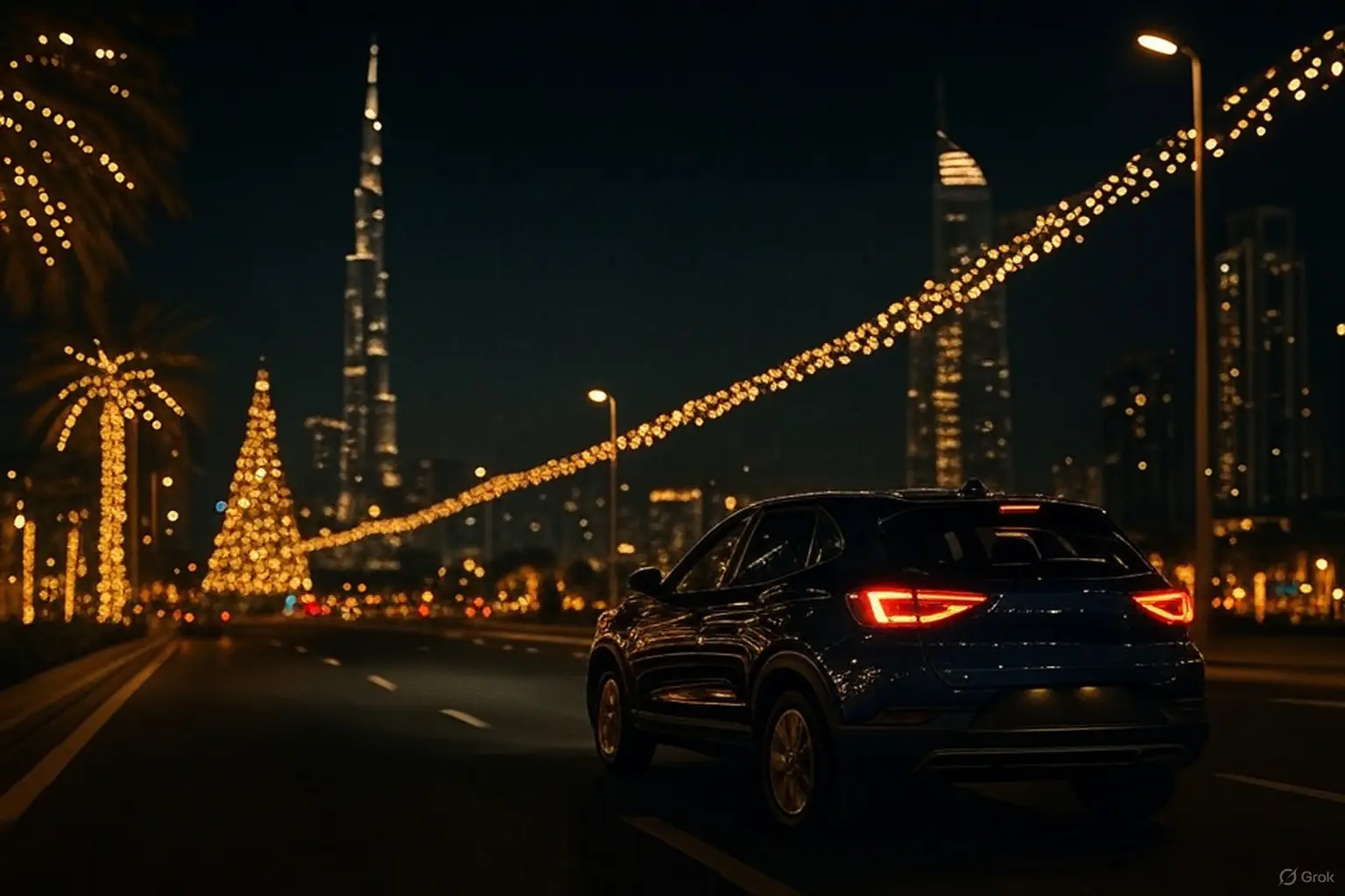 Car driving through Dubai’s festive streets at night